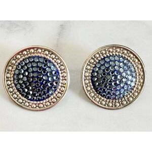 Vintage Richard Kerr Large Clip On Blue Pave Rhinestone Earrings Silver Tone